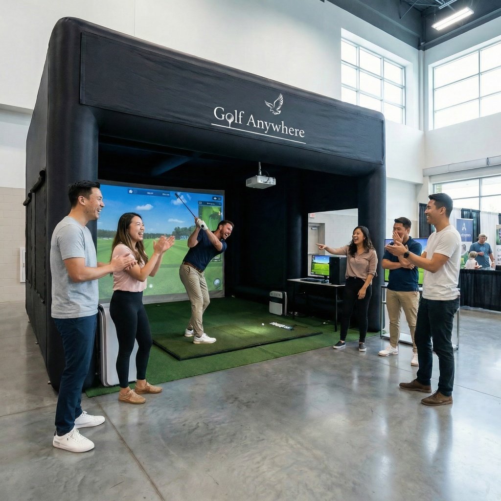 Guests cheering and clapping around the Golf Anywhere simulator at a corporate event