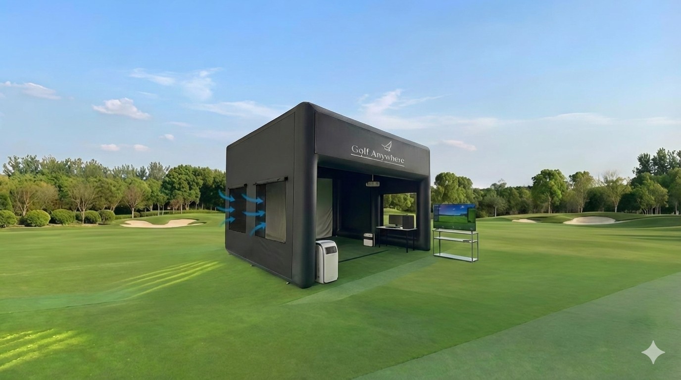 Golf Anywhere portable golf simulator tent fully set up at Singapore outdoor event venue